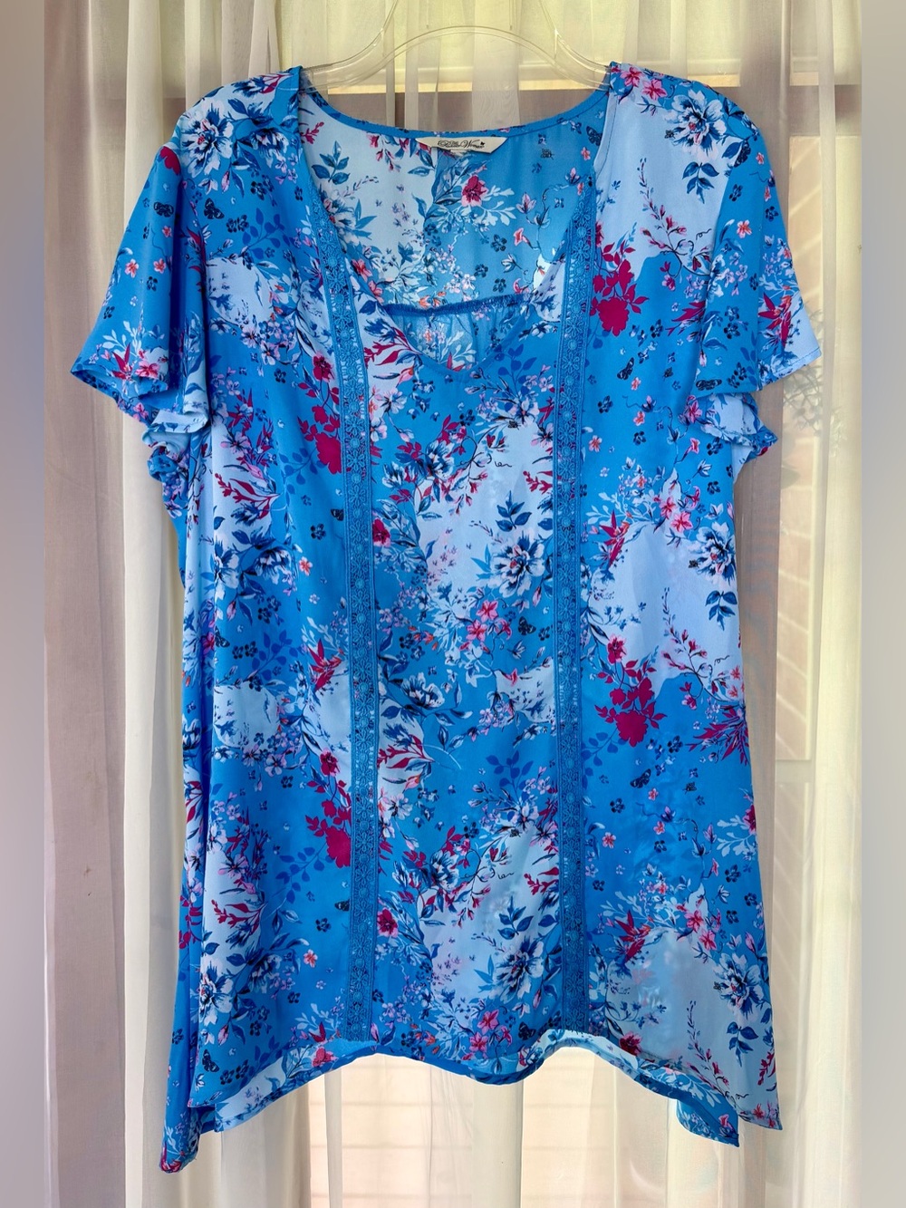 Pioneer Woman Blouse Blue Floral Farmhouse Feminine Flutter Sleeve Women’s XL